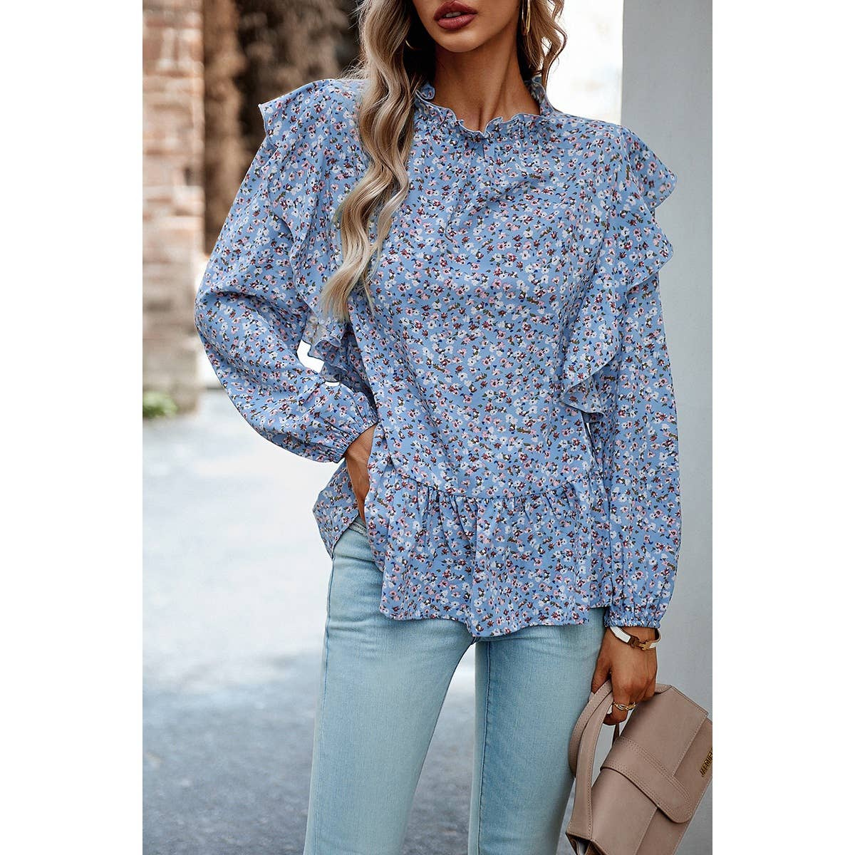 Floral Print Drop Shoulder Hem Ruffle Loose Top - MVTFASHION
