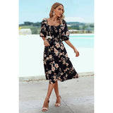 Floral Print Square Neck Elastic Sleeves Ruched Dress - MVTFASHION