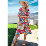 Floral Print Square Neck Elastic Sleeves Ruched Dress - MVTFASHION