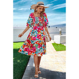 Floral Print Square Neck Elastic Sleeves Ruched Dress - MVTFASHION