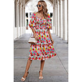 Floral Print Square Neck Elastic Sleeves Ruched Dress - MVTFASHION