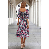 Floral Print Square Neck Elastic Sleeves Ruched Dress - MVTFASHION