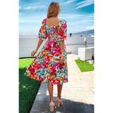 Floral Print Square Neck Elastic Sleeves Ruched Dress - MVTFASHION