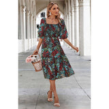 Floral Print Square Neck Elastic Sleeves Ruched Dress - MVTFASHION