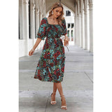 Floral Print Square Neck Elastic Sleeves Ruched Dress - MVTFASHION