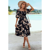 Floral Print Square Neck Elastic Sleeves Ruched Dress - MVTFASHION