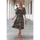 Floral Print Square Neck Elastic Sleeves Ruched Dress - MVTFASHION