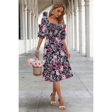 Floral Print Square Neck Elastic Sleeves Ruched Dress - MVTFASHION