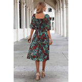 Floral Print Square Neck Elastic Sleeves Ruched Dress - MVTFASHION