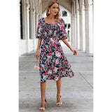 Floral Print Square Neck Elastic Sleeves Ruched Dress - MVTFASHION