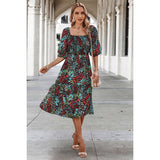 Floral Print Square Neck Elastic Sleeves Ruched Dress - MVTFASHION