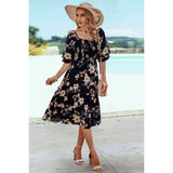 Floral Print Square Neck Elastic Sleeves Ruched Dress - MVTFASHION