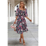 Floral Print Square Neck Elastic Sleeves Ruched Dress - MVTFASHION