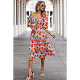 Floral Print Square Neck Elastic Sleeves Ruched Dress - MVTFASHION