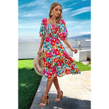 Floral Print Square Neck Elastic Sleeves Ruched Dress - MVTFASHION