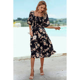 Floral Print Square Neck Elastic Sleeves Ruched Dress - MVTFASHION