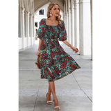 Floral Print Square Neck Elastic Sleeves Ruched Dress - MVTFASHION