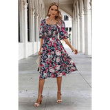 Floral Print Square Neck Elastic Sleeves Ruched Dress - MVTFASHION