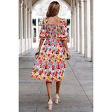 Floral Print Square Neck Elastic Sleeves Ruched Dress - MVTFASHION