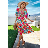 Floral Print Square Neck Elastic Sleeves Ruched Dress - MVTFASHION