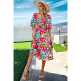 Floral Print Square Neck Elastic Sleeves Ruched Dress - MVTFASHION