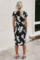 Floral Print Waist Tie Midi Dress - MVTFASHION