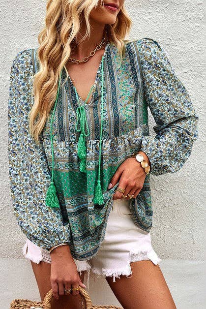 Floral V Neck Drawstring Top - MVTFASHION