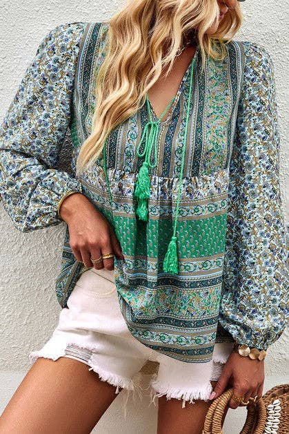 Floral V Neck Drawstring Top - MVTFASHION