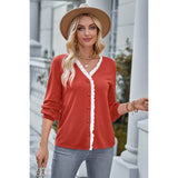 Front Open Button Lace Tirm Fit V Neck Top - MVTFASHION.COM