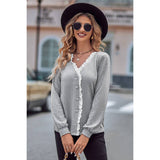 Front Open Button Lace Tirm Fit V Neck Top - MVTFASHION.COM