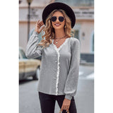 Front Open Button Lace Tirm Fit V Neck Top - MVTFASHION.COM