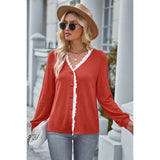 Front Open Button Lace Tirm Fit V Neck Top - MVTFASHION.COM