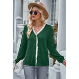 Front Open Button Lace Tirm Fit V Neck Top - MVTFASHION.COM