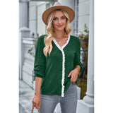 Front Open Button Lace Tirm Fit V Neck Top - MVTFASHION.COM