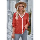 Front Open Button Lace Tirm Fit V Neck Top - MVTFASHION.COM