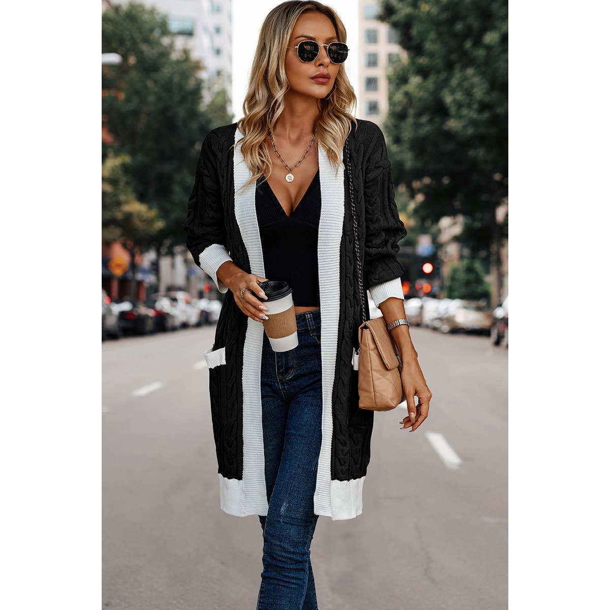 Front Open Thick Knit Loose Pockets Cardigan - MVTFASHION.COM