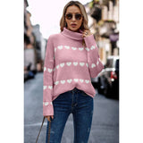 Heart Print Thick Knit Loose Roll Neck Sweater - MVTFASHION.COM