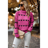 Heart Print Thick Knit Loose Roll Neck Sweater - MVTFASHION.COM