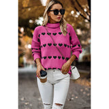 Heart Print Thick Knit Loose Roll Neck Sweater - MVTFASHION.COM