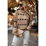 Heart Print Thick Knit Loose Roll Neck Sweater - MVTFASHION.COM