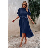 High Neckline Open Sleeve Ruched Solid Knot Belt Dress - MVTFASHION