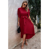 High Neckline Open Sleeve Ruched Solid Knot Belt Dress - MVTFASHION