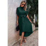 High Neckline Open Sleeve Ruched Solid Knot Belt Dress - MVTFASHION