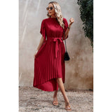 High Neckline Open Sleeve Ruched Solid Knot Belt Dress - MVTFASHION