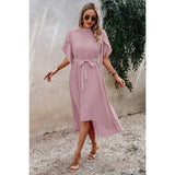 High Neckline Open Sleeve Ruched Solid Knot Belt Dress - MVTFASHION