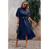 High Neckline Open Sleeve Ruched Solid Knot Belt Dress - MVTFASHION