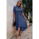 High Neckline Open Sleeve Ruched Solid Knot Belt Dress - MVTFASHION