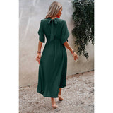 High Neckline Open Sleeve Ruched Solid Knot Belt Dress - MVTFASHION