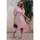 High Neckline Open Sleeve Ruched Solid Knot Belt Dress - MVTFASHION