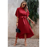 High Neckline Open Sleeve Ruched Solid Knot Belt Dress - MVTFASHION